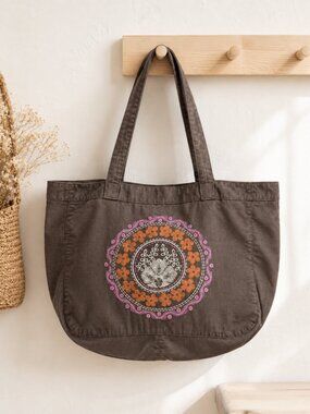 American Eagle Linen Beach Tote Brown Bag Embroidered Boho Shoulder Bag